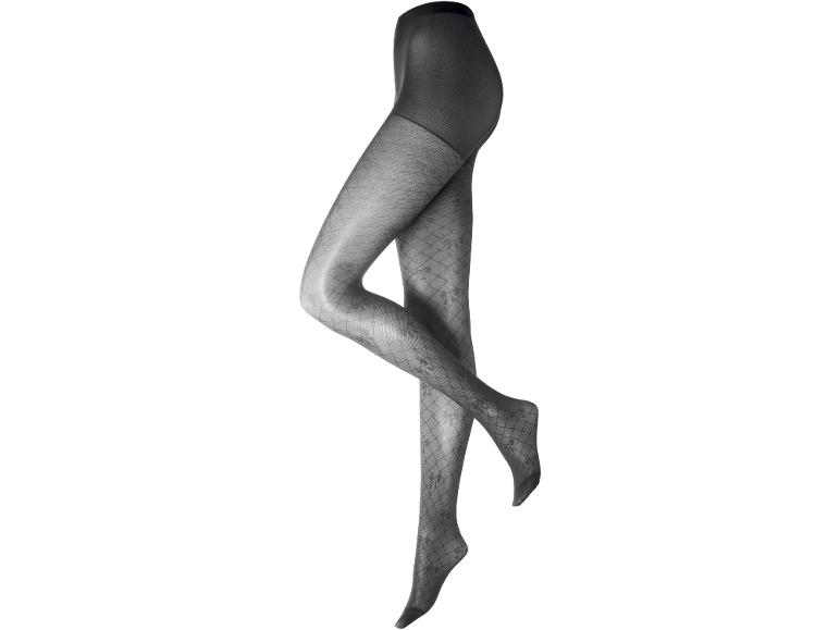 Zwarte panty met patroon van subtiele strikjes en ruitjes.
