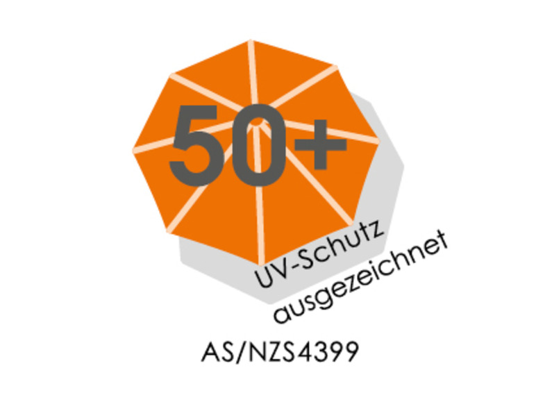 Een oranje parasol met UV-bescherming van 50+.