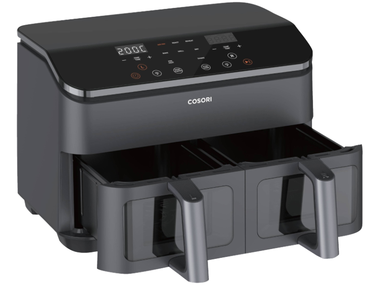Zwarte dubbele airfryer met digitaal display dat 200°C toont en open lades.