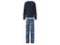 Heren marineblauwe pyjama met lange mouwen en blauw geruite pyjamabroek.