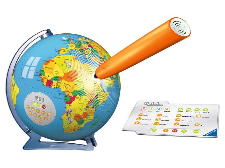 Een Tiptoi wereldbol met interactieve pen om de wereld te leren kennen.