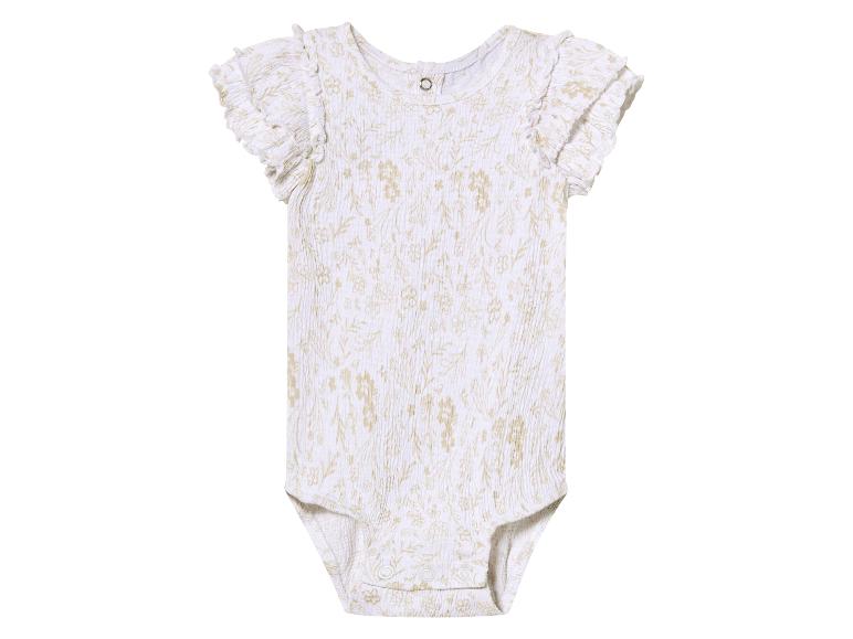 Baby body met korte mouwen, licht beige bloemenprint.