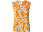 Oranje mouwloze top met wit bloemenpatroon, crêpe textuur.