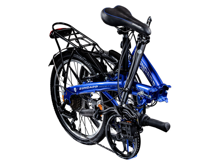 Blauwe Zündapp vouwfiets met bagagedrager