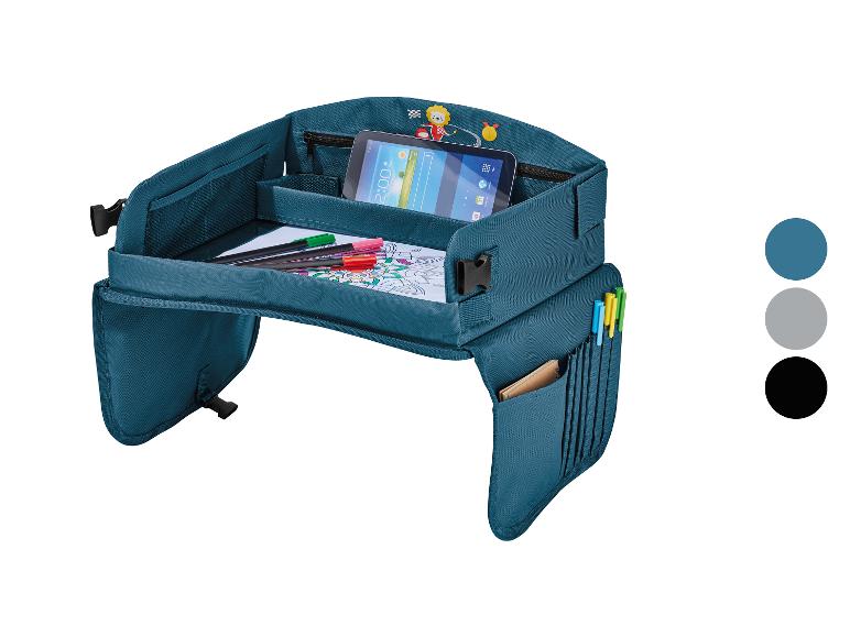 Activiteitenbak voor kinderen, donkerblauw, met tablet en tekenspullen.