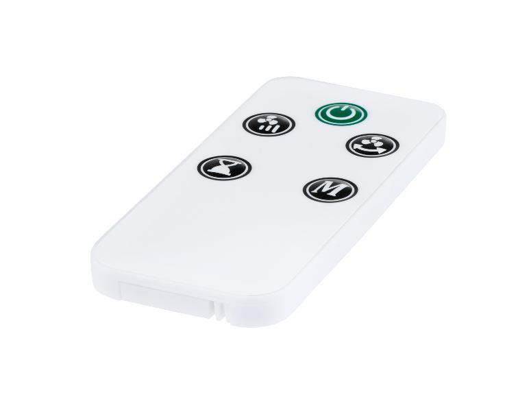 Witte afstandsbediening met vijf zwarte knoppen voor aan/uit, ventilator, timer en modus.