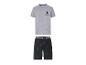 Grijs V-hals T-shirt en zwarte shorts voor heren met herhaalde logoprint.