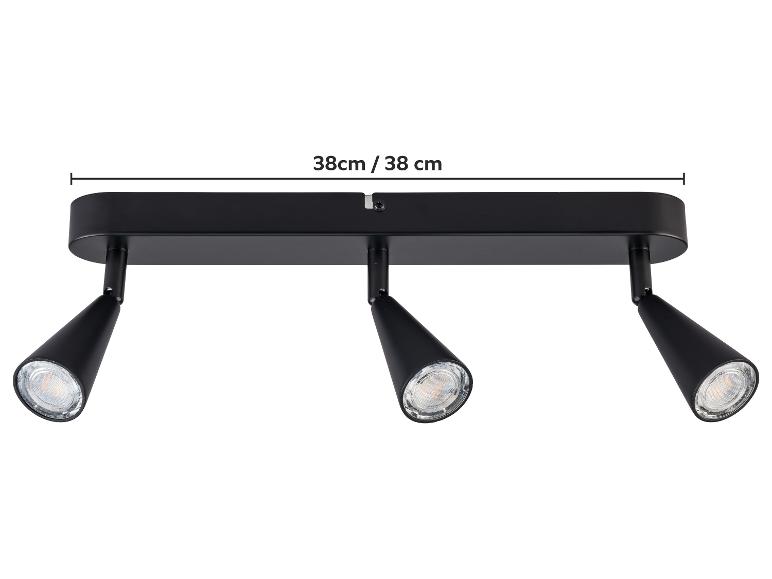 Zwarte 38 cm plafondspotbalk met drie verstelbare kegelvormige lampen