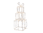 Verlichte stapel van drie heldere acryl geschenkdozen met strik, voorzien van warmwitte LED-lampjes.