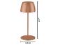 Koperkleurige tafellamp, 20 cm hoog met een basis van 8 cm diameter.