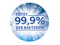 Een blauwe ronde sticker met de tekst 'Doodt 99,9% van de bacteriën*'