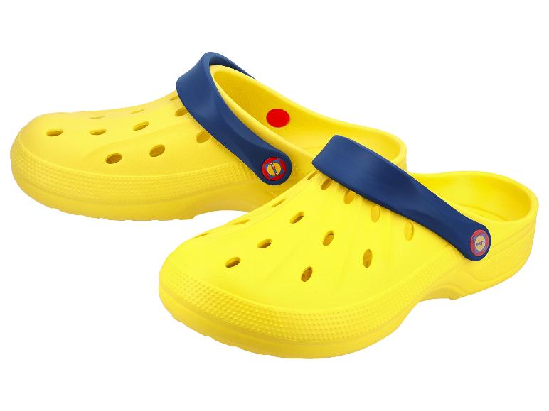Gele strandsandalen met een blauwe band en een rode knop