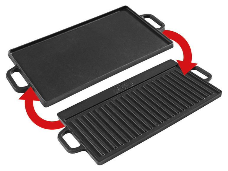 Twee gietijzeren grillplaten: een gladde en een met ribbels.