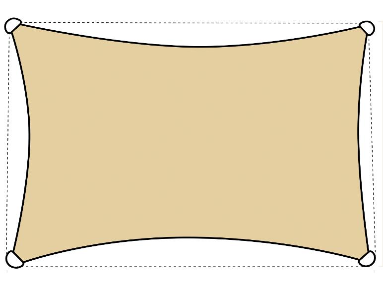 Rechthoekig beigekleurd schaduwdoek met gebogen randen en bevestigingsringen.