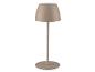 Draadloze tafellamp in beige met ronde voet en conische kap.