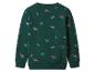 Donkergroene sweater met print van rode auto's en kerstbomen.