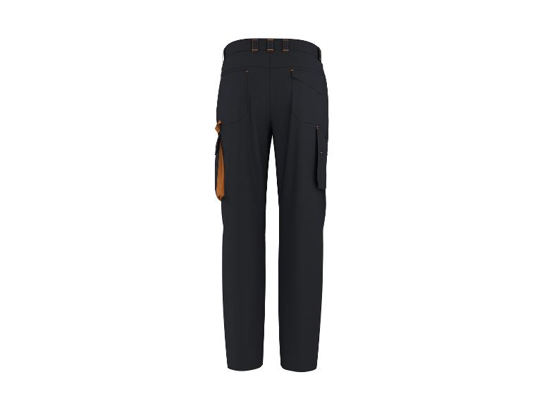 Zwarte werkbroek met oranje details en zakken, achteraanzicht.