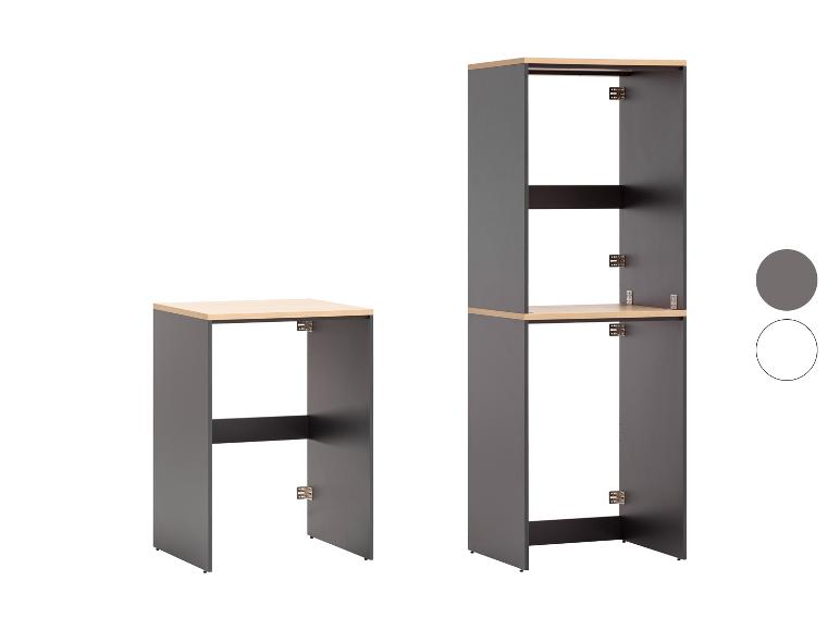 Modulaire planken: één lage en één hoge plank bestaande uit twee modules in grijs en houtlook.