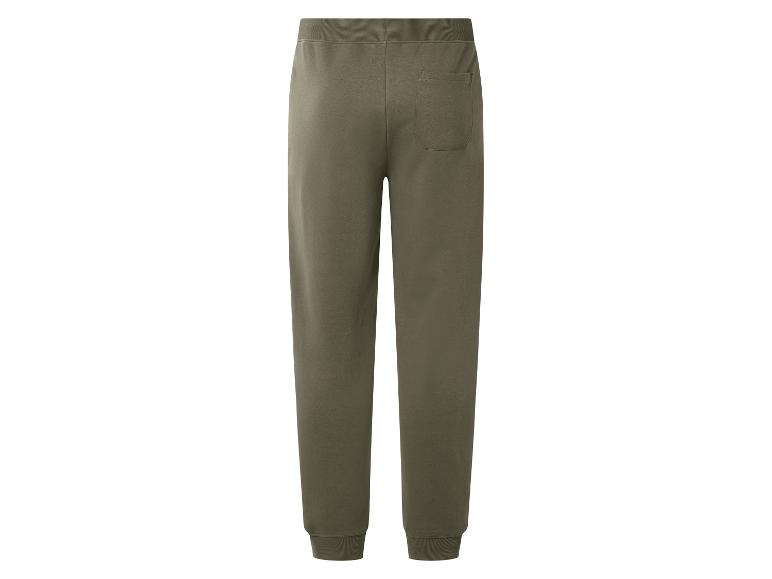 Olijfgroene joggingbroek met elastische tailleband en boorden bij de enkels, achteraanzicht.