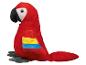 Een rood pluche papegaai speelgoed met blauwe en gele details.
