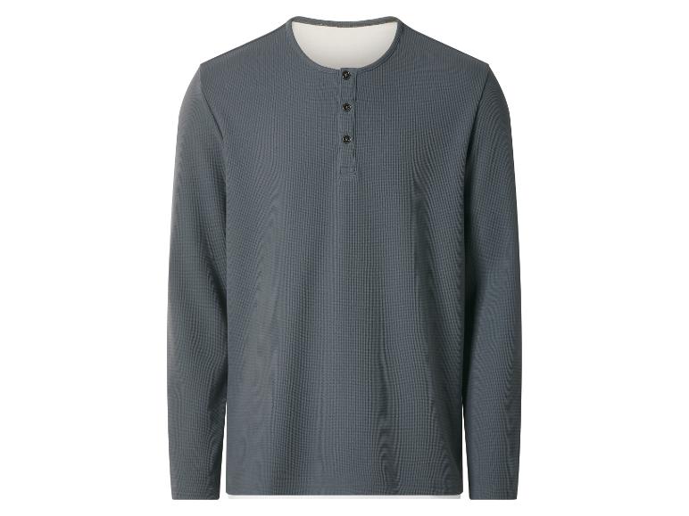 Grijs heren Henley-shirt met lange mouwen en wafeltextuur.