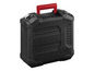 Een zwarte Parkside gereedschapskoffer met een rode handgreep.