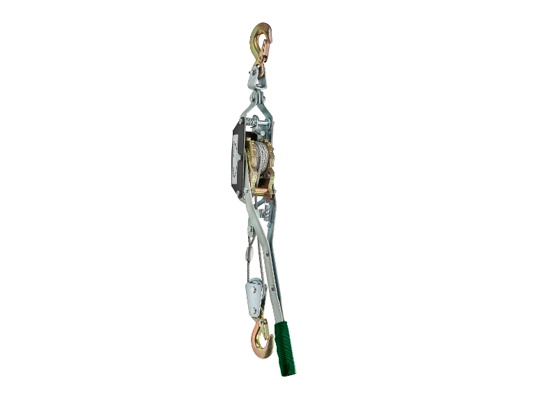 Een Einhell handlier met haak en stalen kabel.