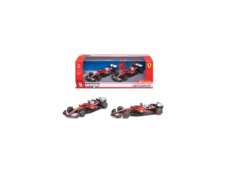 Twee rode speelgoedraceauto's, één in doos, de andere twee uit de doos, schaal 1:43.