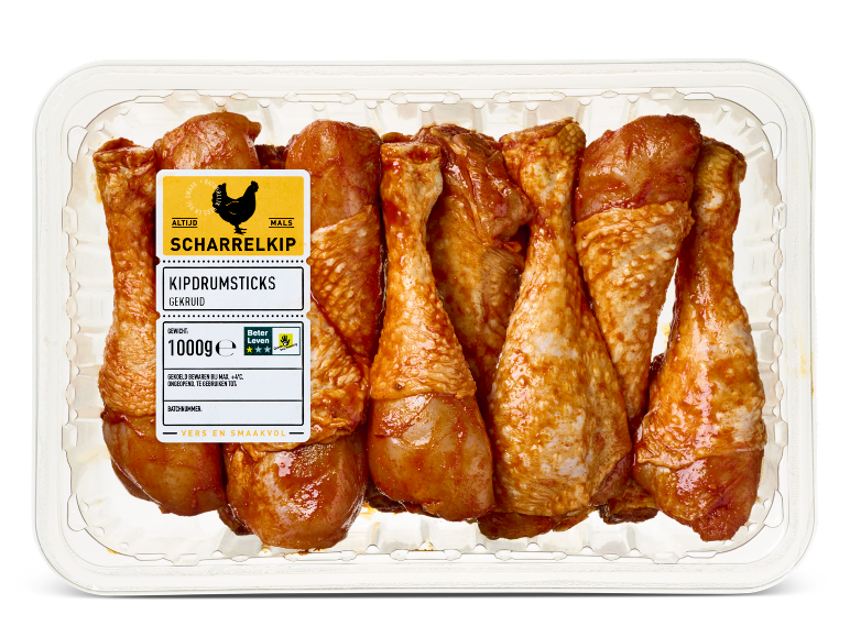 Verpakking gekruide kipdrumsticks Scharrelkip, 1000 g