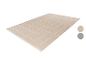 Beige rechthoekig vloerkleed met wit geometrisch patroon, met kleurstalen