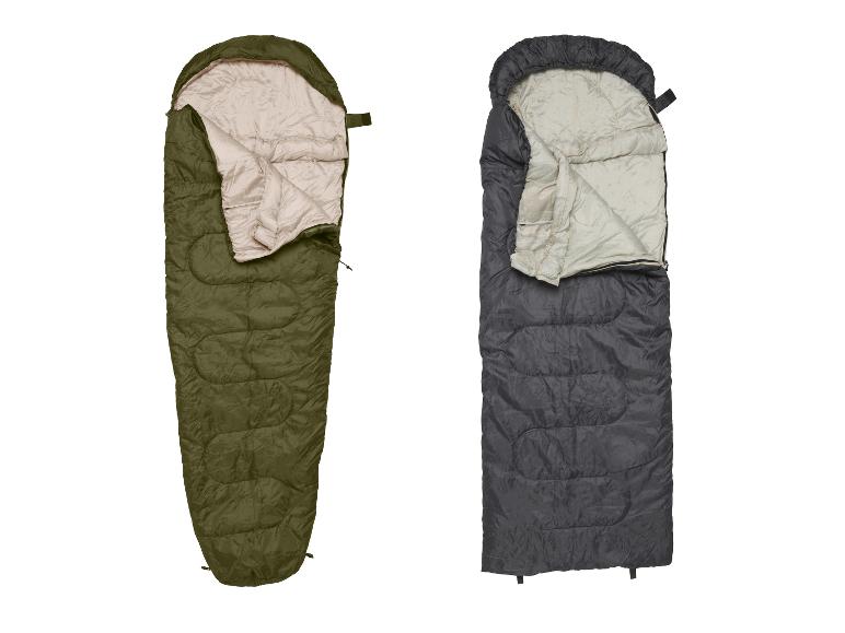 Twee slaapzakken: één olijfgroen en één grijs, beide open met een lichte binnenkant.