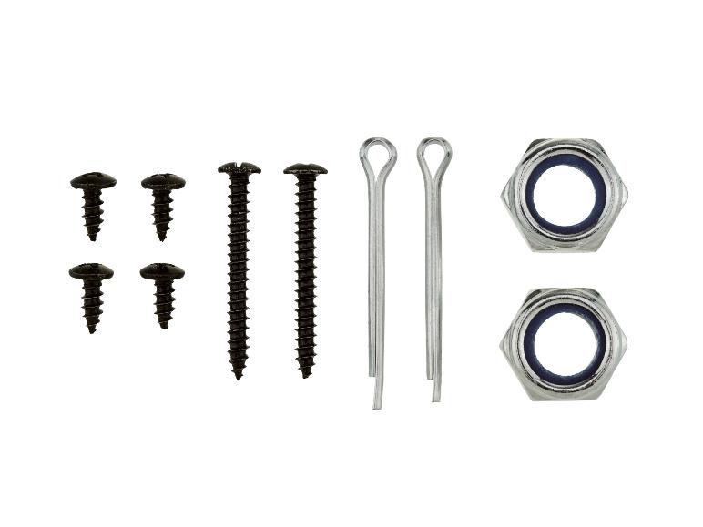 Zwarte schroeven, splitpennen en moeren met blauwe inzet