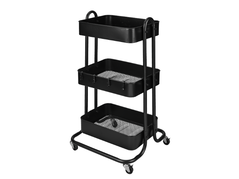 Zwarte drielaagse metalen trolley met gaasplanken en wielen.