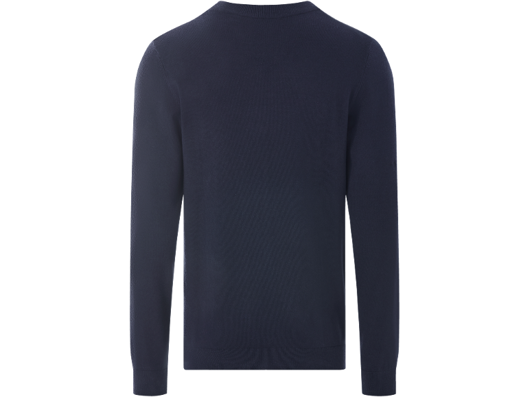 Donkerblauwe herentrui met lange mouwen, achterkant.
