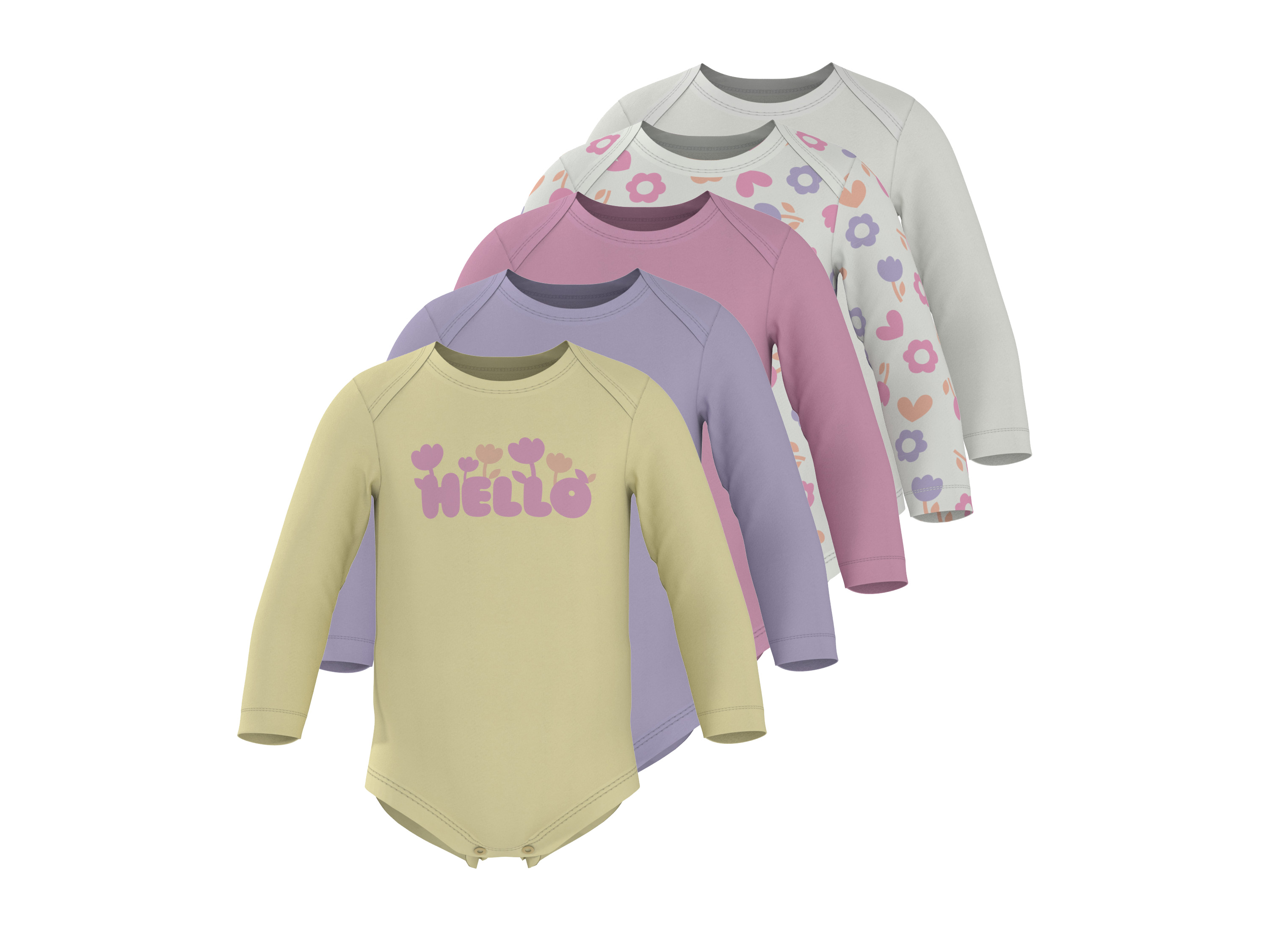 LUPILU Set van 5 baby rompers (wit/roze/paars/geel, 86/92)