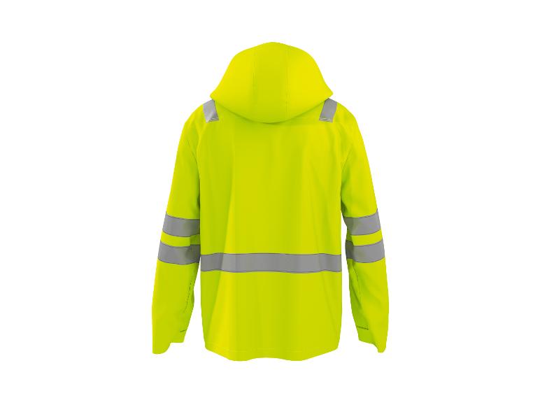 Gele hoge zichtbaarheidsjas met reflecterende strepen, achteraanzicht.