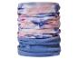 Tubulaire bandana met roze en paarse bloemenprint, met blauw fleece ondergedeelte.