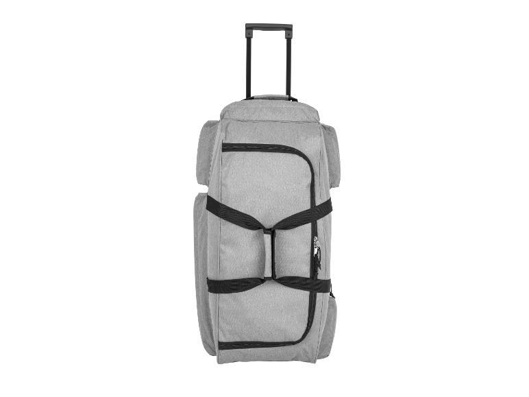 Grijze reistrolley, perfect voor reizen.
