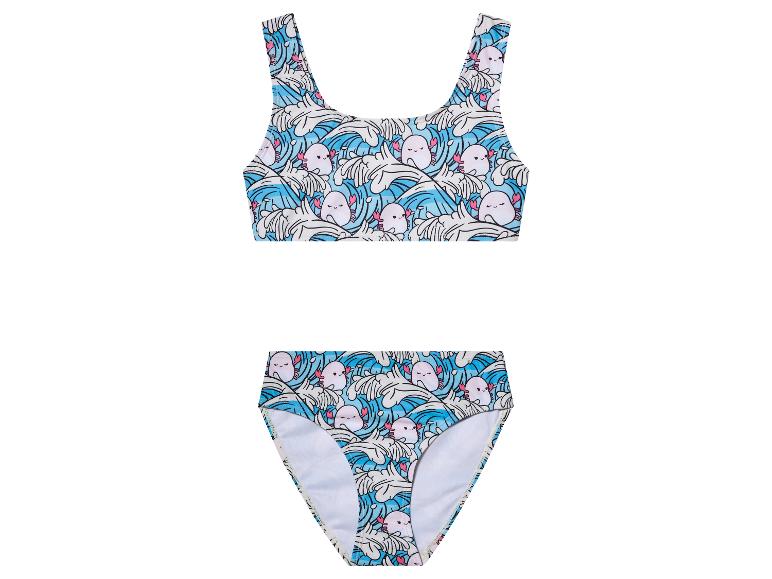 Tweedelig badpak: top en broekje, axolotl- en golfprint.