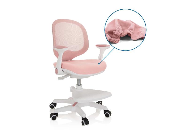 Roze bureaustoel met mesh rugleuning en armleuningen, met een vergrote weergave van de stof.