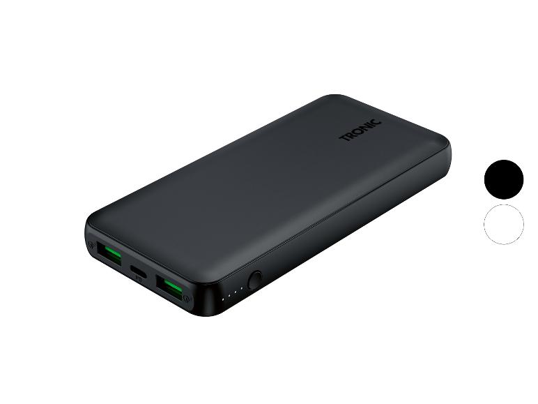 Zwarte powerbank met USB-poorten en oplaadindicatoren.