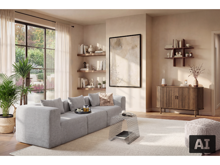 Moderne woonkamer met een grijze modulaire bank, houten planken en een groot raam.