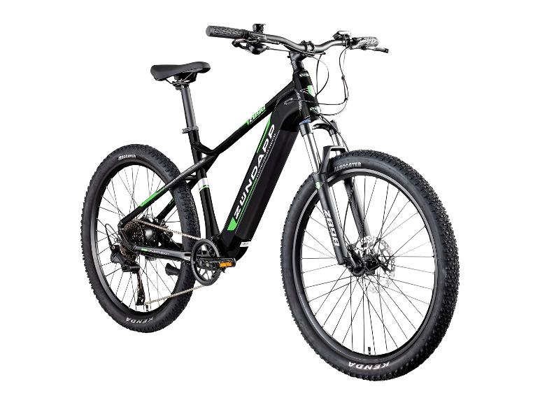 Zwart-groene elektrische mountainbike met 'ZUNDAPP'-branding en 'BOOSTER'-banden.