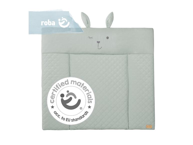 Mintgroen babyverschoonkussen met konijnenoren en slaperig gezicht, met materialencertificering.