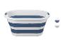 Opvouwbare wasmand in wit en blauw, met kleurstalen voor blauw en grijs.