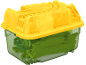 Geel-groene speelgoedopbergdoos met treinrails en accessoires