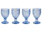 Vier blauwe wijnglazen, vintage stijl, gegraveerd.