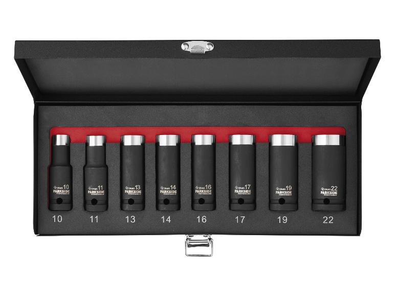 Set van 8 zwarte slagdoppen, maten 10 tot 22, in een zwarte koffer met rode voering.