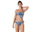 Blauwe badpak met paisley print: bandeau top met strik en lage bikinibroekje.