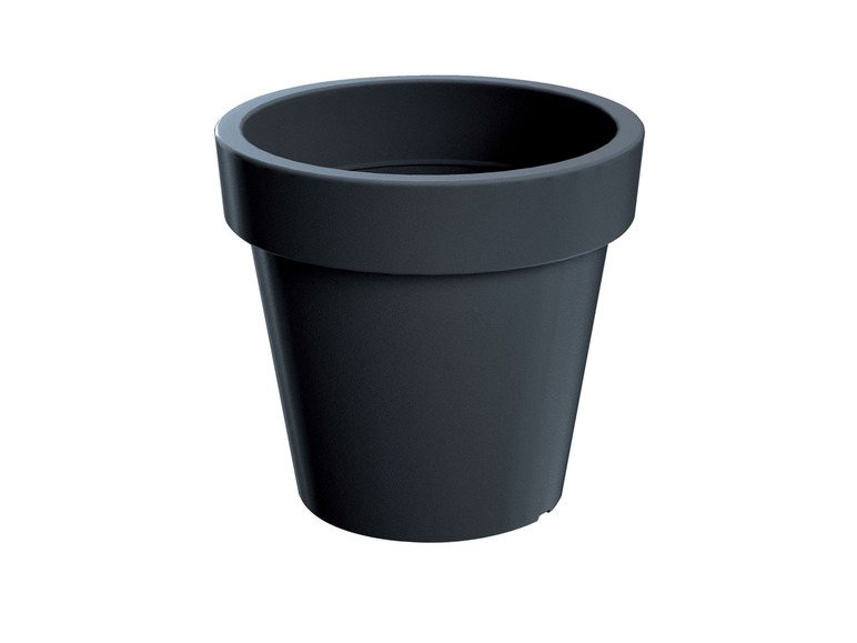 Een donkergrijze plastic plantenpot.